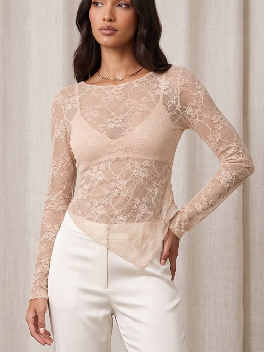 NWT | Avidlove Champagne Sheer Floral Lace Asymmetric Top Medium